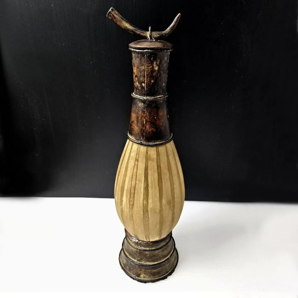 Vintage Decorative Decanter Urn Frosted Ribbed Glass & Metal w/ Horn Lid & Chain